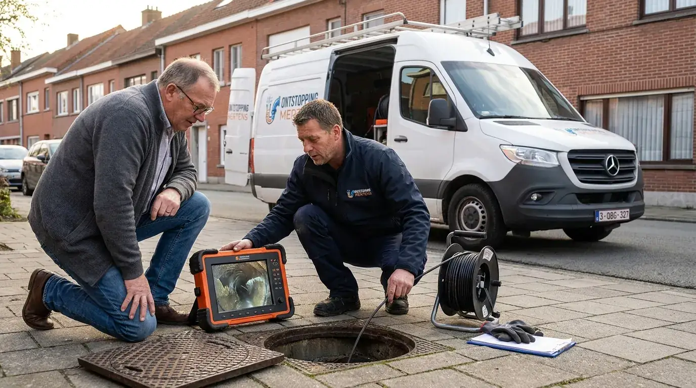 Kris Mertens en collega bij camera-inspectie naast de bedrijfswagen